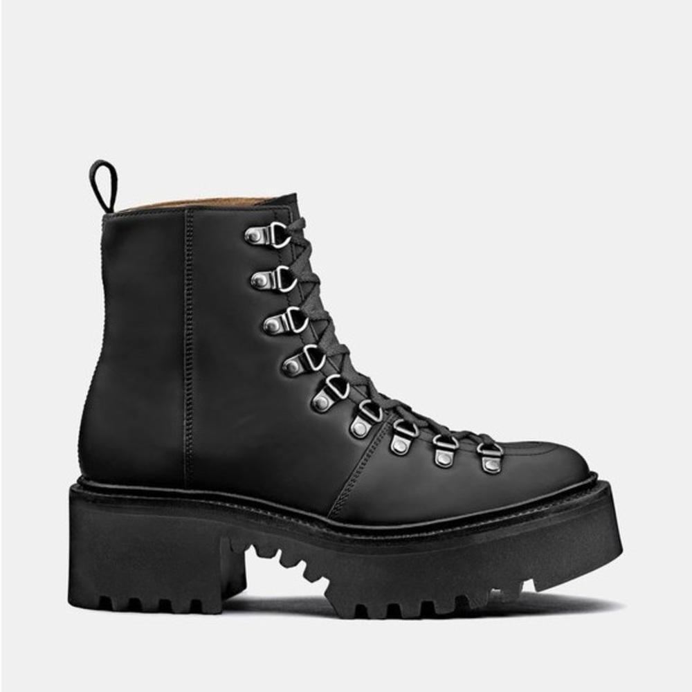 Grenson Black Platform Combat Boots Lace Up Size 8